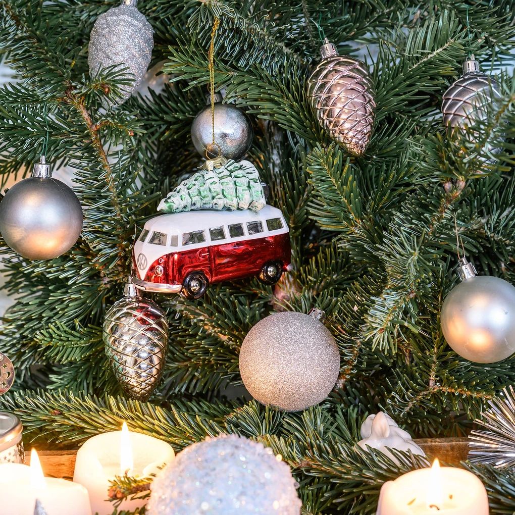 Volkswagen T1 Bus Weihnachtsschmuck aus Glas - Rot/Weiss