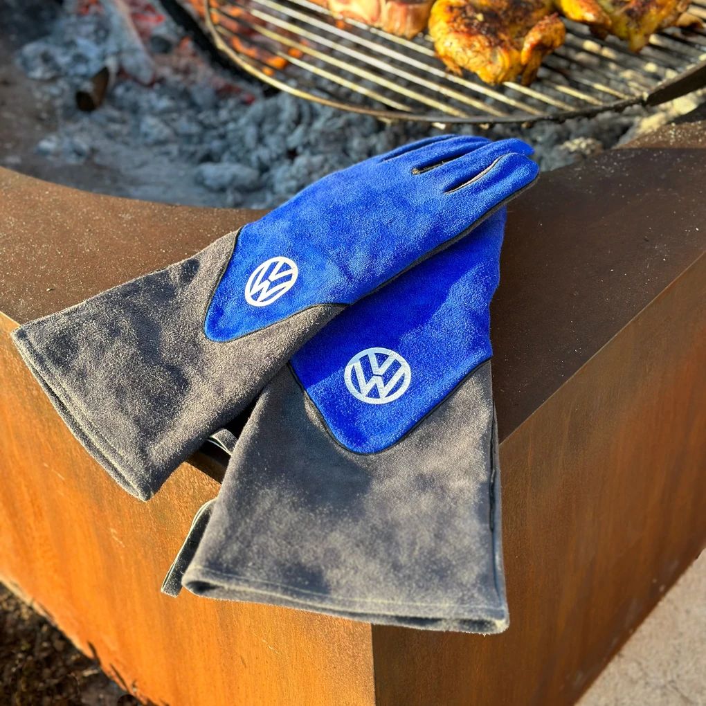 Volkswagen T1 Bus Grillhandschuhe (Paar) in Geschenkbox - Rindsleder/Blau & Grau