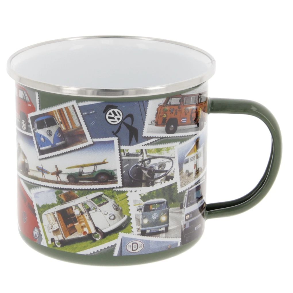 Volkswagen Bus Emaille Tasse 'Stamps'