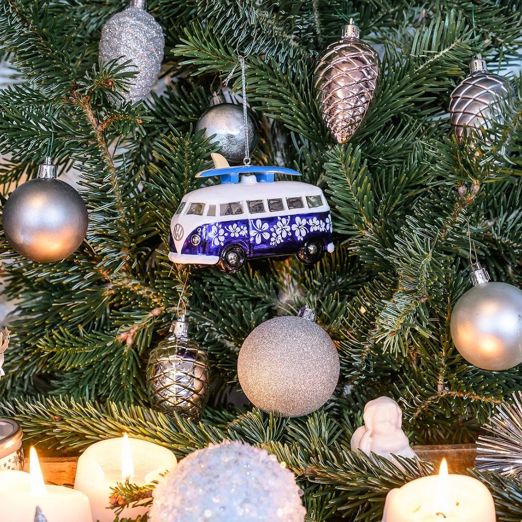 Volkswagen T1 Bus Weihnachstschmuck aus Glas - Blau/Weiss