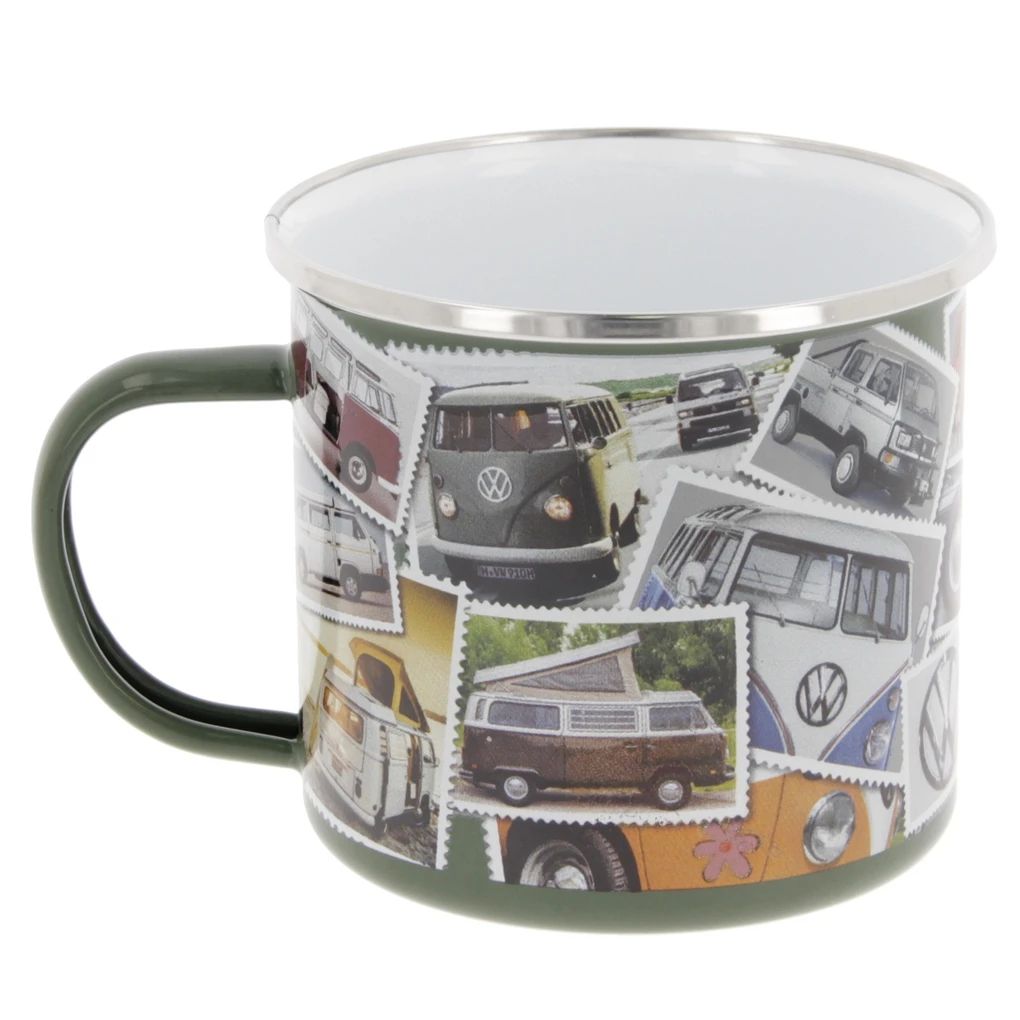 Volkswagen Bus Emaille Tasse 'Stamps'