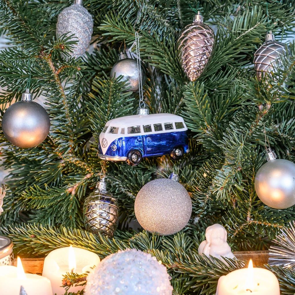 Volkswagen T1 Bus Weihnachtsschmuck aus Glas - Blau/Weiss