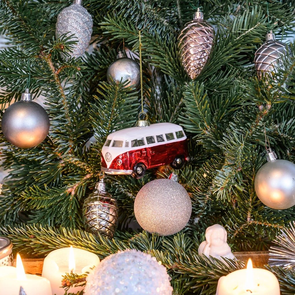 Volkswagen T1 Bus Weihnachtsschmuck aus Glas - Rot/Weiss