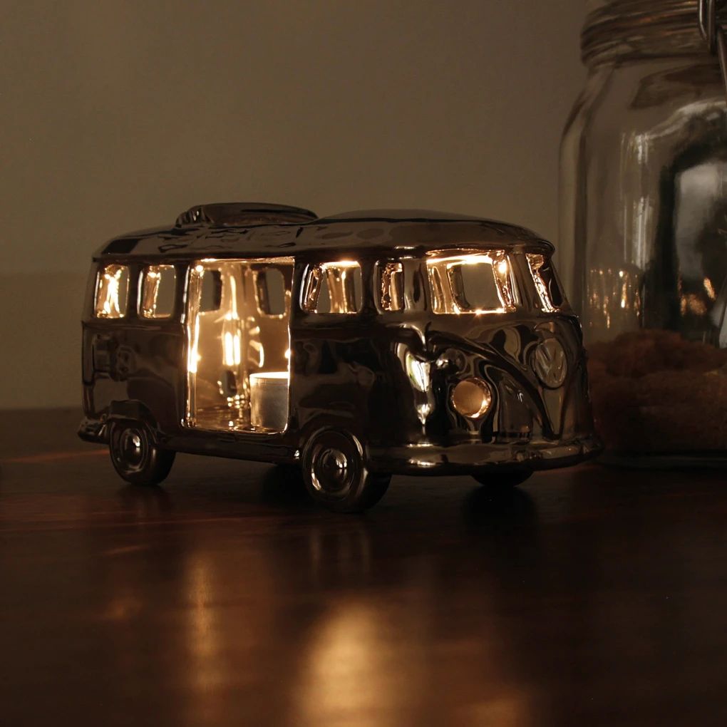 Volkswagen T1 Bus Keramik Teelichthalter Silber in Geschenkbox